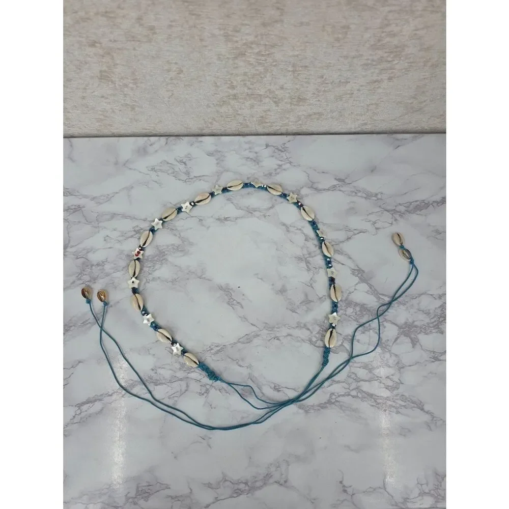 Blue Shell Star Beach Waistbelt Belt Coastal Cowgirl Braided Rope Beaded